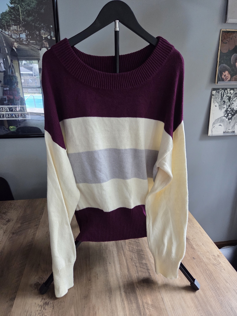 Lucky Brand Plum, Cream & Light Gray Striped Boatneck Sweater